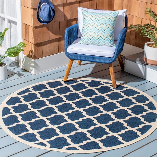 Courtyard Navy/Beige 8 ft. x 8 ft. Round Geometric Indoor/Outdoor Patio  Area Rug