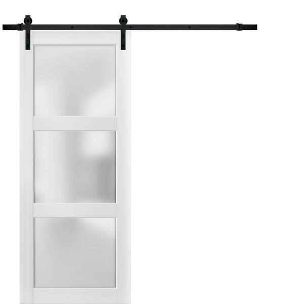 Sartodoors 2552 18 in. x 96 in. 3-Lite Frosted Glass White Finished Pine Wood Sliding Barn Door with Hardware Kit
