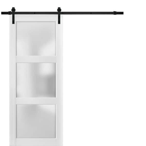 2552 42 in. x 80 in. 3-Lite Frosted Glass White Finished Pine Wood Sliding Barn Door with Hardware Kit
