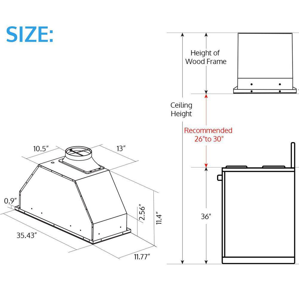 36-Inch Stainless Steel Insert Range Hood with LED Lighting