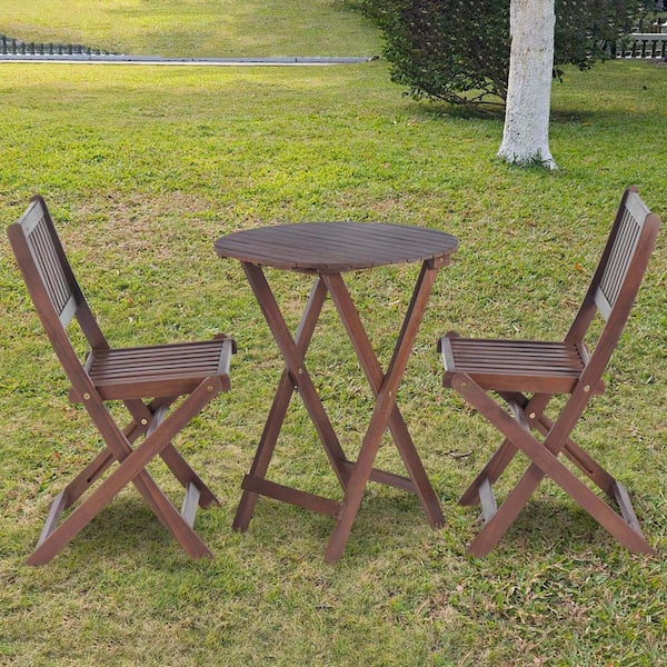 Unbranded 3-Piece Acacia Wood Outdoor Bistro Set, Folding Patio Furniture Outdoor Interiors Patio Dining Tables and Chairs, Brown