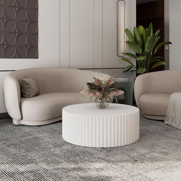 Milena 31.5 in. Round Coffee Table in Fiberstone for Indoor Home and Outdoor Patio Accent Center Table in Travertine