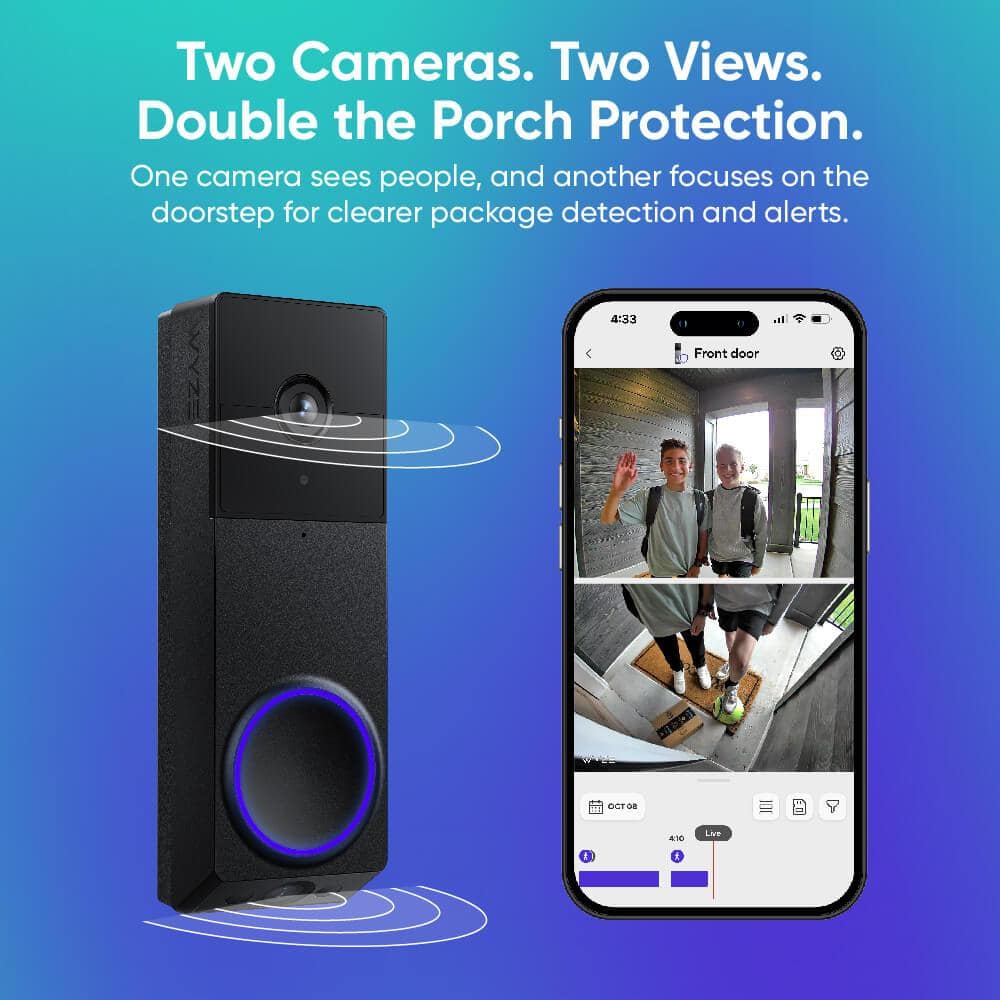 Color Black Wireless Duo Cam Video Doorbell, Battery Powered, 2K Full HD Video, 2 Cameras (People and Package), Color Night Vision