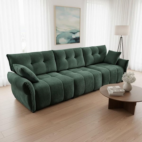 TURTY 110.2 in. Rolled Arm Chenille 3-Seater Rectangle Tufted Sofa with Deep Cushions and Soft Armrests in Emerald Green