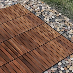 12 in. x 12 in. Square Solid Wood Striped Pattern Patio Deck Tiles, Brown (10-Pieces)