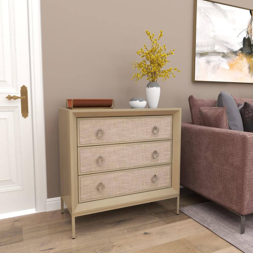 Beige Upholstered 3 Drawer Chest with Mirrored Top and Ring Handles