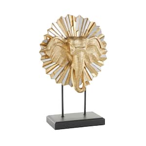 22 in. Gold Resin Elephant Sculpture with Mirrored Sunburst Accent and Black Stand