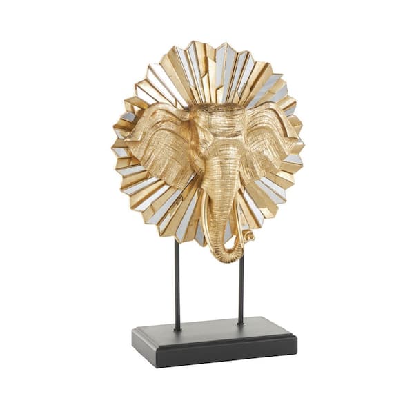 Litton Lane 22 in. Gold Resin Elephant Sculpture with Mirrored Sunburst Accent and Black Stand