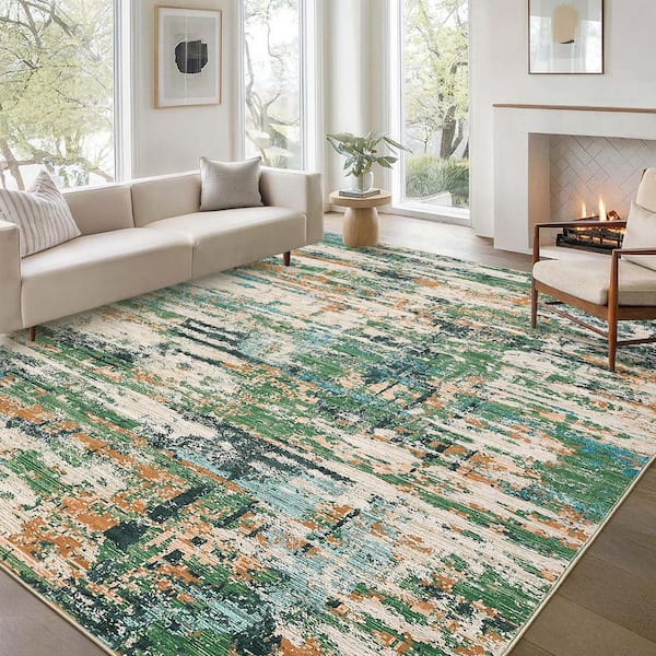 Modern Abstract Low Pile Soft Thin Carpet Washable for Bedroom Living Room Laundry Office Green, 5 ft. x 7 ft. Area Rug