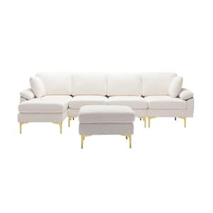 114 in. Rolled Arm 4-Piece Velvet L-Shaped Sectional Sofa in White with Chaise