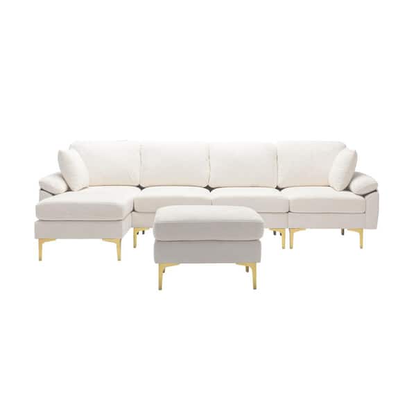 HOMEFUN 114 in. Rolled Arm 4-Piece Velvet L-Shaped Sectional Sofa in White with Chaise
