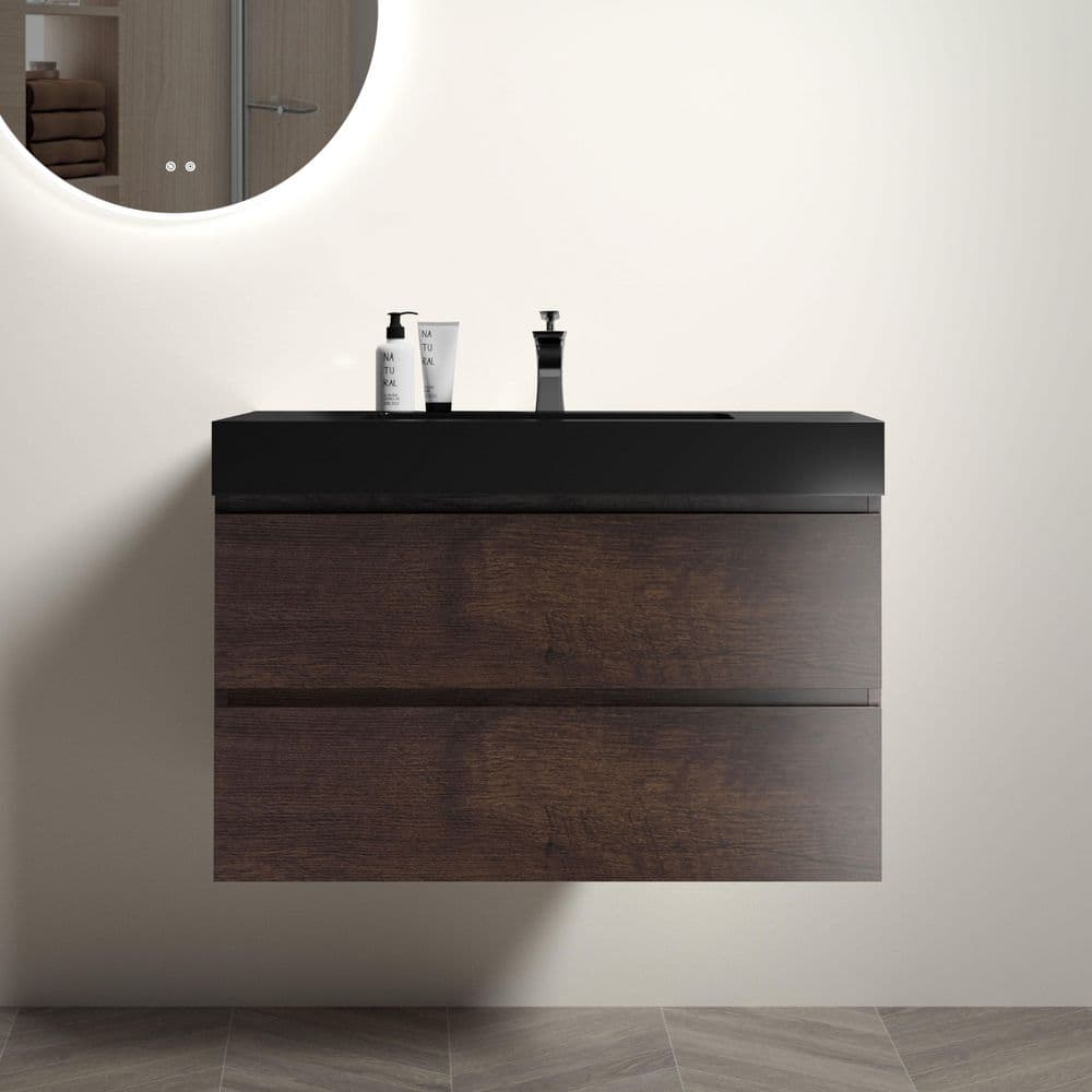 36 in. Single Sink Floating Walnut Bath Vanity with Black Ceramic Top, U Shape Drawer, Assembled price history on PriceWatchPro