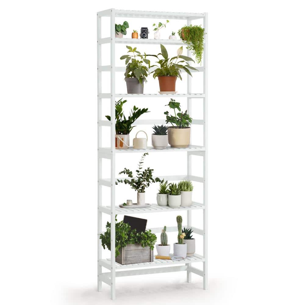 White 6-Tier Adjustable Bamboo Bookcase with Open Back