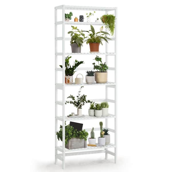 CAPHAUS 63.7 in. Tall White Bamboo 6-Shelf Free Standing Bookcase with Open Storage