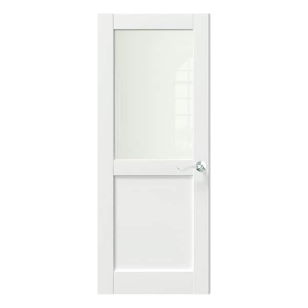 32 in. x 80 in. MDF Wood, Primed, White, 1/2 Lite, Frosted Glass Interior Door Slab With Silver Curved Doorknob