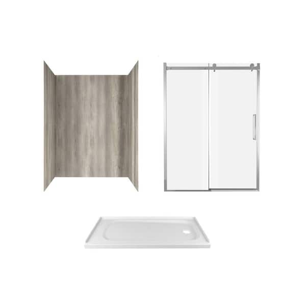 American Standard Passage 60 in. x 72 in. 3-Piece Glue-Up Alcove Shower Wall, Door and Base Kit with Right Drain in Gray Timber