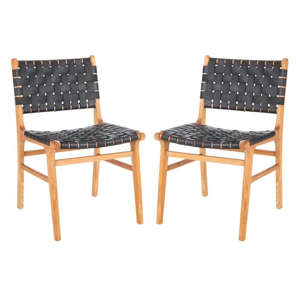 Taika Black Woven Leather and Natural Wood Dining Chair Set