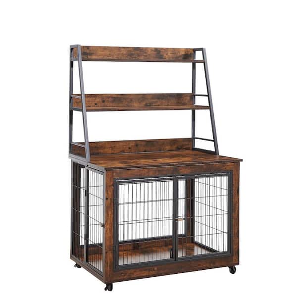Miscool Anky Furniture Style Dog Crate Side Table with Shelves, Equipped with Double Doors and a Raised Roof in Rustic Brown