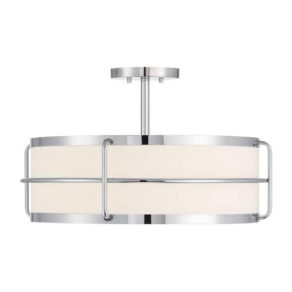 Savoy House Chauncey 22 in. 4-Light Chrome Vintage Industrial Semi-Flush Mount Ceiling Light with White Fabric Shade