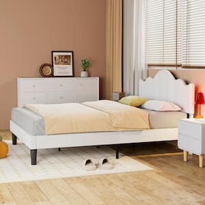 Adjustable Upholstered Bed White, Wood Frame Full Platform Bed with Noise-Free Wood Slat Support, No Box Spring Needed