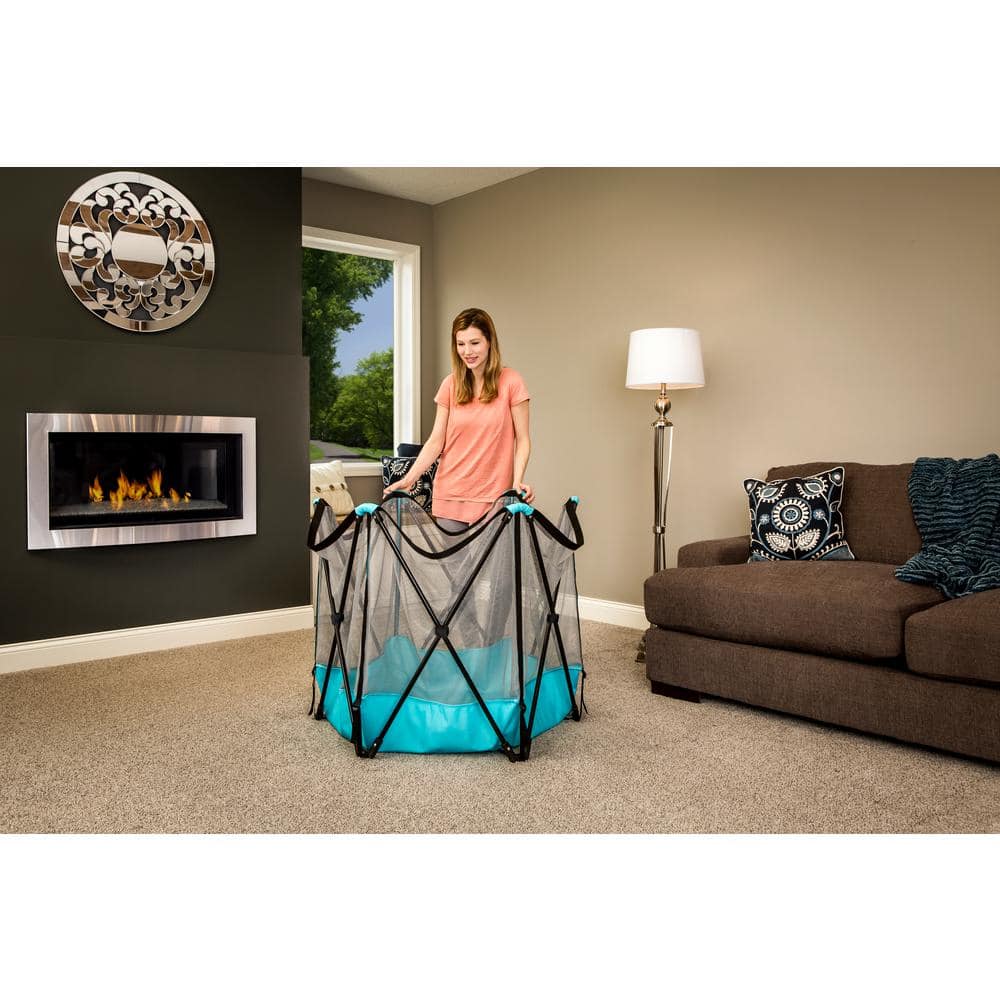 Aqua and Black Portable 6-Panel Steel Play Yard