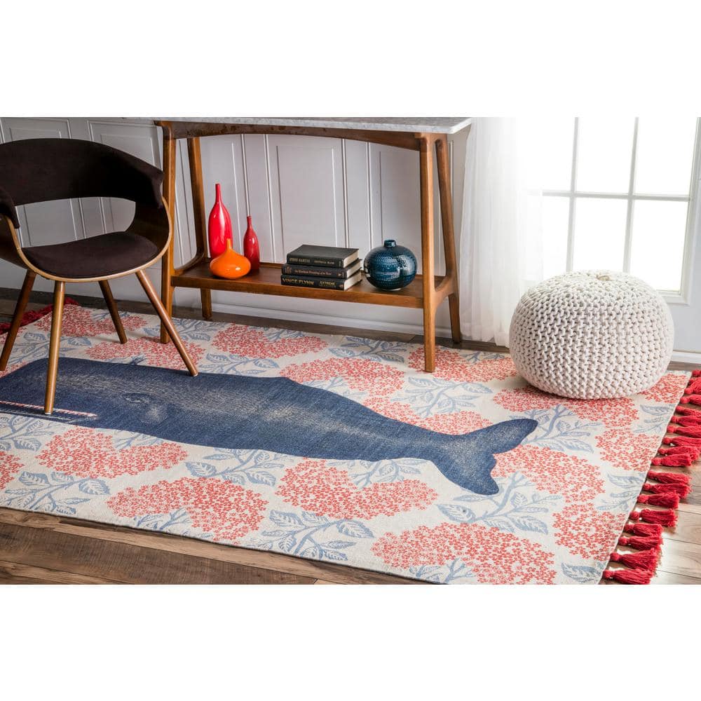 Coastal Charm Red Cotton Flatweave Whale Area Rug, 3' x 5'
