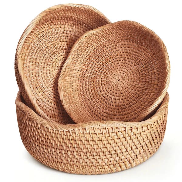 Natural Rattan Handwoven Wave Bread Basket, Round Serving Basket for Food, Fruit, Snacks and More, 11.2 in. x 4 in.