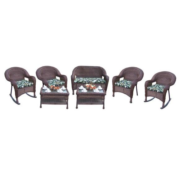 Unbranded Coffee 7-Piece Wicker Patio Conversation Set with Black Floral Cushions