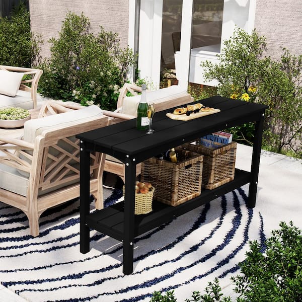 Laguna Outdoor Patio Bar Console Table with Storage Shelf Black
