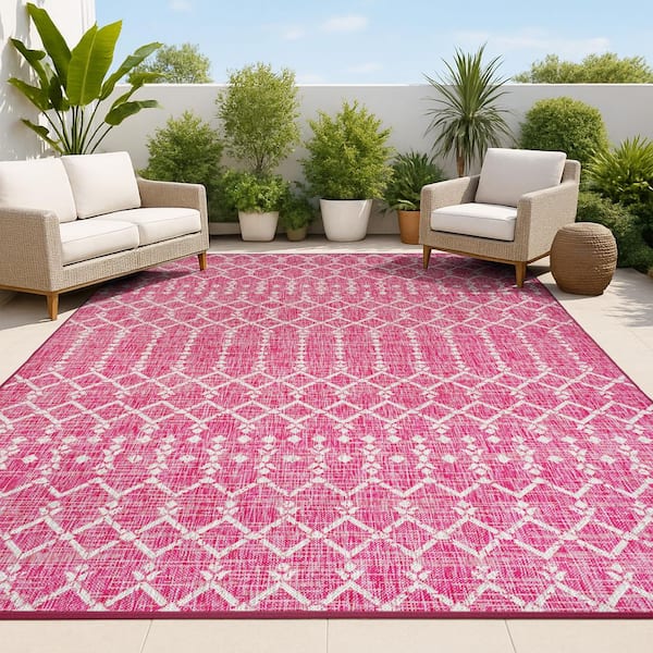 Ourika Moroccan Geometric Textured Weave Fuchsia/Light Gray 8 ft. x 10 ft. Indoor/Outdoor Area Rug