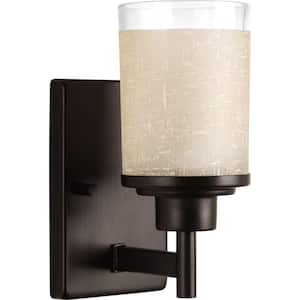 Alexa Collection 1-Light Antique Bronze Bath Sconce with Etched Umber Linen Glass Shade