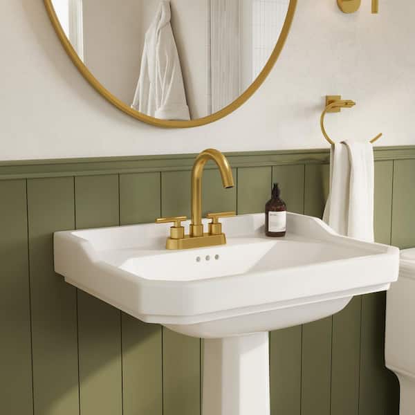 4 in. Centerset Double Handle High Arc Bathroom Faucet with 360° Swivel, Pop-Up Drain in Brushed Gold (Valve Included)