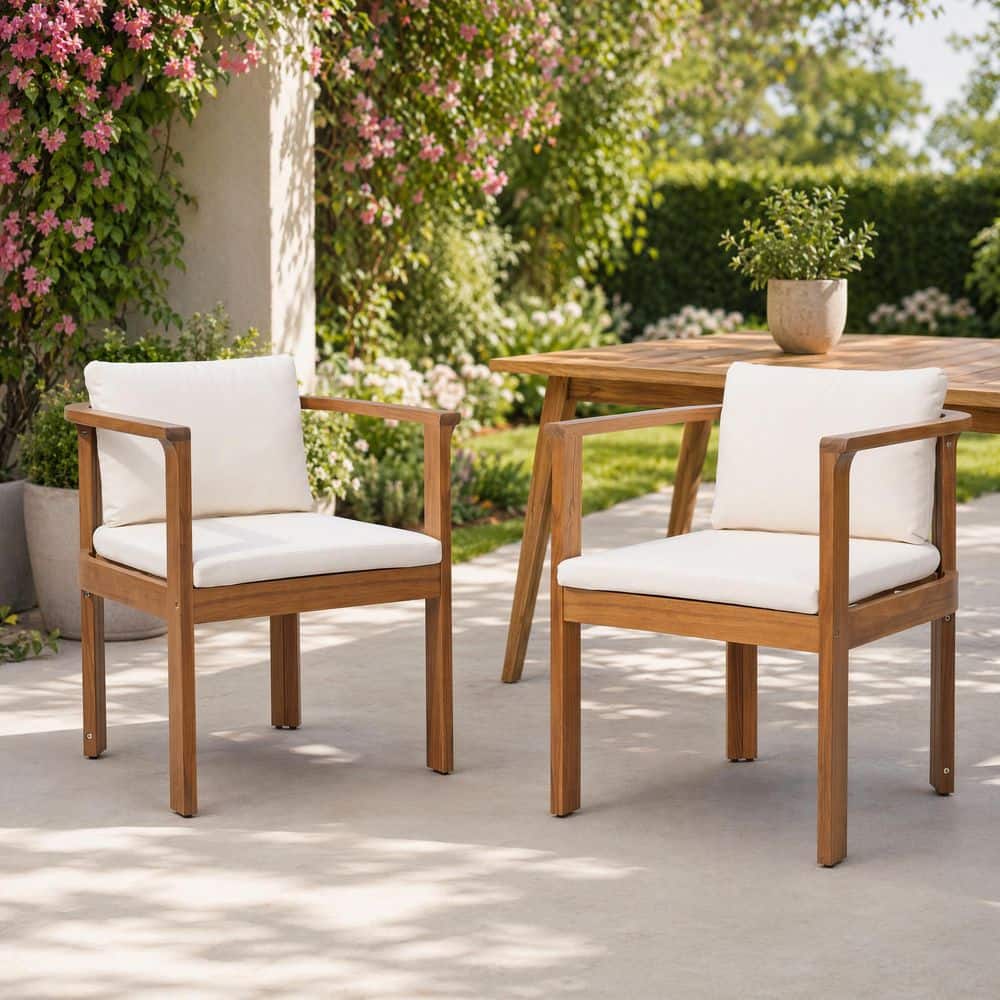 Teak All-Weather Acacia Wood Outdoor Dining Chairs with Removable Cream Cushions for Garden Balcony Backyard (2-Pack) price history on PriceWatchPro