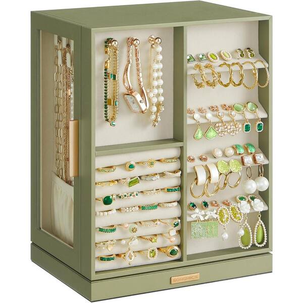 Afoxsos 6.3"D x 8.7"W x 11.2"H, Laurel Green MDF Rotating Jewelry Storage Box Organizer with 5 Drawers and Glass Window