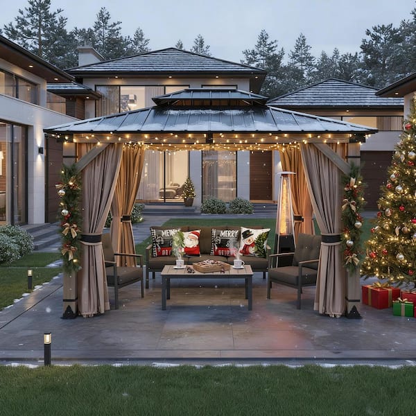 Cedarfort 10 ft. x 12 ft. Outdoor Cedar Wood Frame Hardtop Gazebo with Galvanized Steel Roof, Netting and Curtains