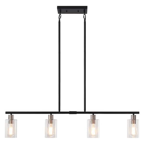 4-Light Black/Nickel Industrial Linear Chandelier with Glass Shades for Kitchen Island with No Bulbs Included