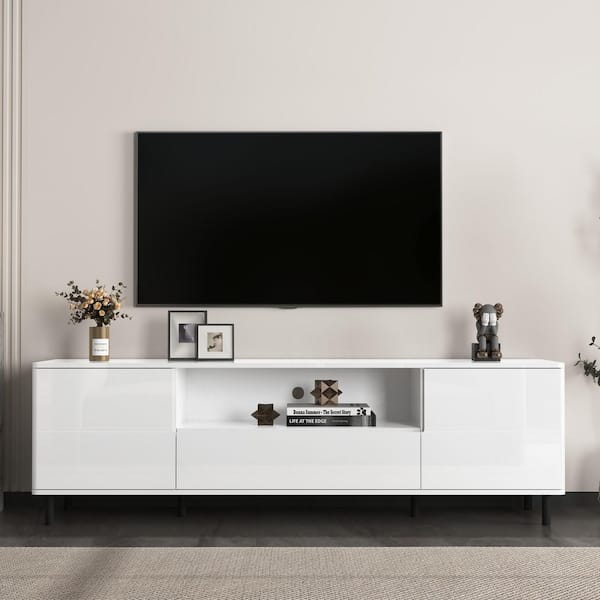 Cloud White 63 in. High Gloss TV Stand, Modern Media Console w/4 Storage Shelves(Max TV Size 75 in.)