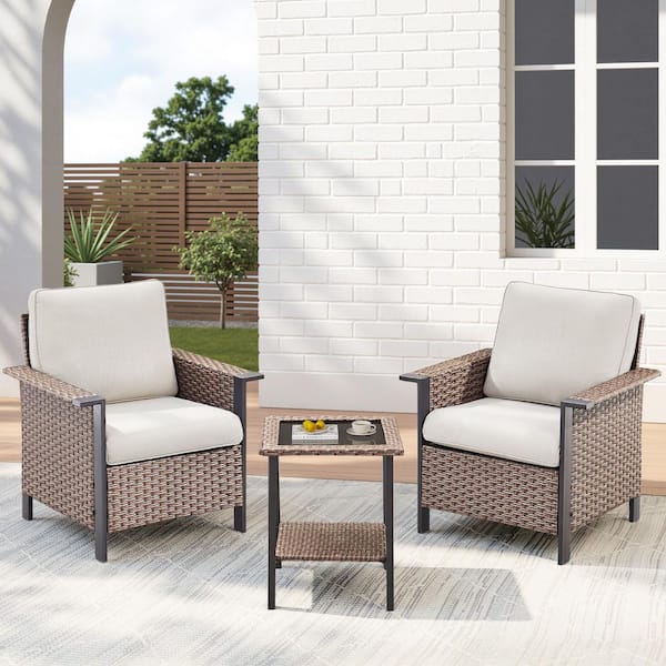 3-Piece Brown Patio Wicker Outdoor Lounge Chair Set with Side Table with Beige Cushions