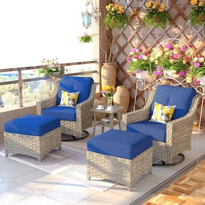 Eureka Grey 5-Piece Modern Wicker Outdoor Patio Conversation Swivel Rocking Chair Seating Set with Navy Blue Cushions