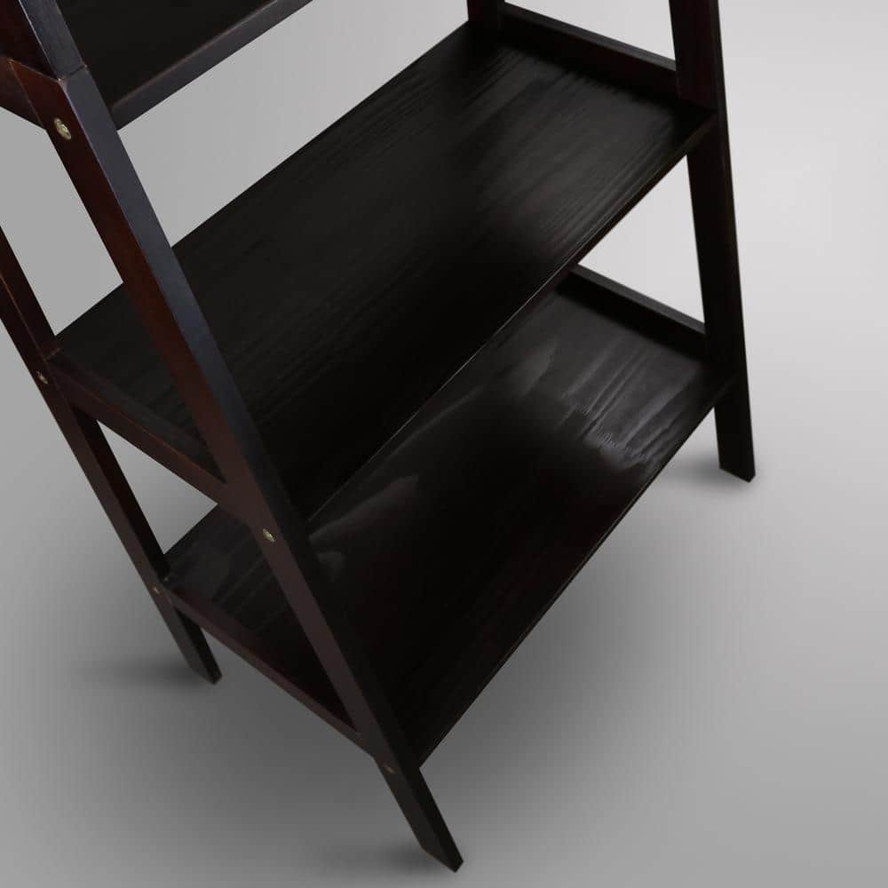 Espresso Solid Wood Adjustable 5-Shelf Ladder Bookcase