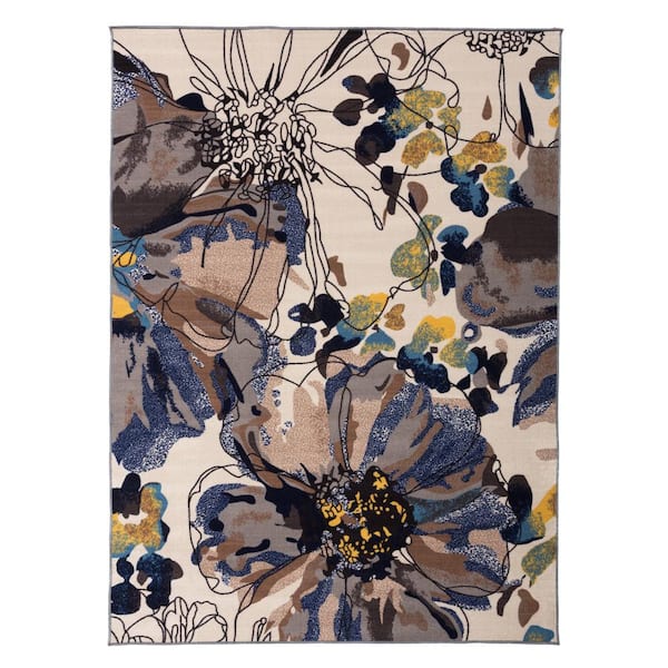 Contemporary Bright Flowers Non-Slip (Non-Skid) Cream 4' x 6' Indoor Area Rug