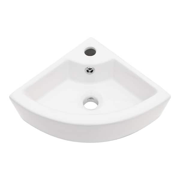 5 in Wall-Mounted Triangle Bathroom Vessel Sink in White Ceramic with Single Faucet Hole and Overflow