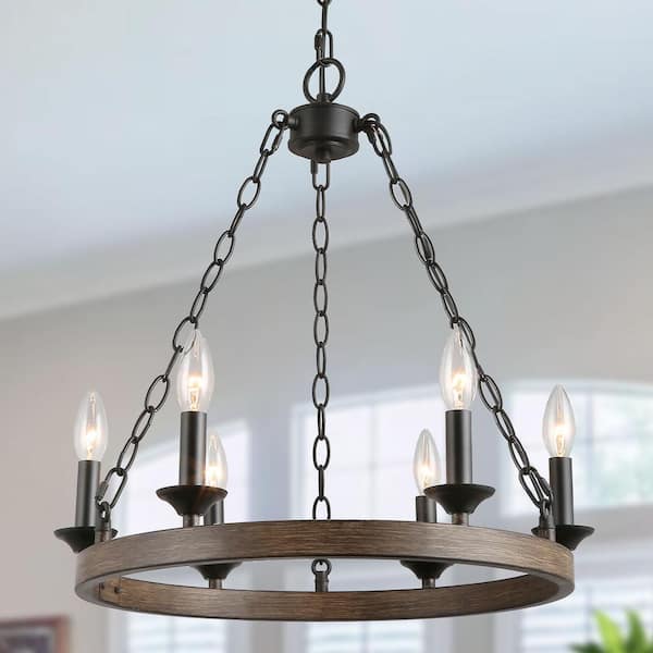 LNC 6-Light Modern Farmhouse Black Chandelier Wagon Wheel Island Candlestick Chandelier Pendant Light with Faux Wood Accents