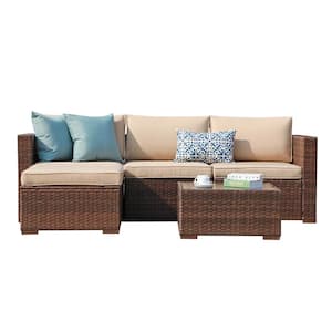 Patiorama Brown 5-Pieces Wicker Outdoor Sectional Set with Tan Cushions