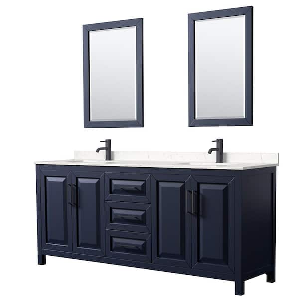 Wyndham Collection Daria 80 in. W x 22 in. D x 35.75 in. H Double Bath Vanity in Dark Blue w/Carrara Cultured Marble Top and 24 in. Mirrors