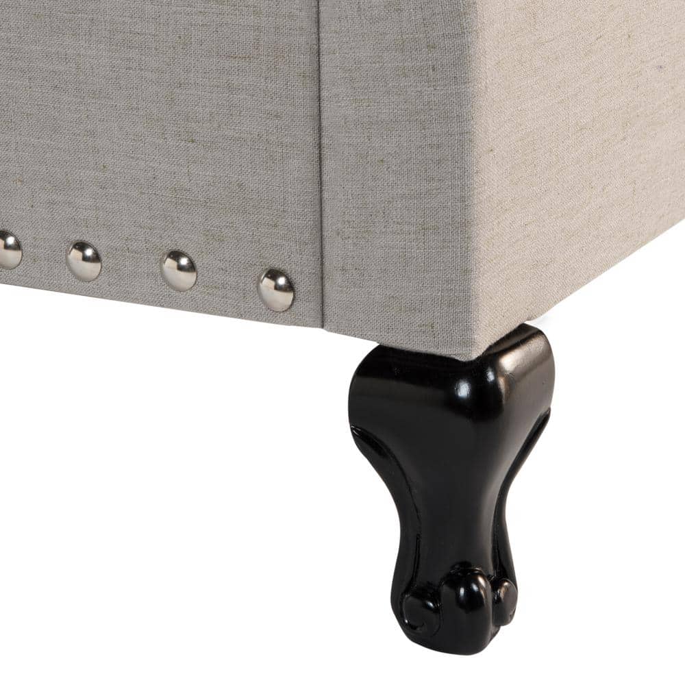 Transitional Beige Linen Full Platform Bed with Tufted Nailhead Headboard
