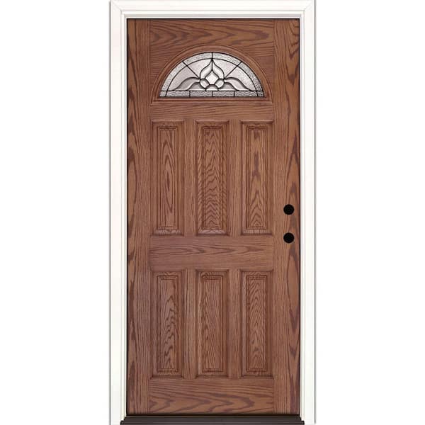 Feather River Doors 37.5 in. x 81.625 in. Lakewood Patina Fan Lite Stained Medium Oak Left-Hand Inswing Fiberglass Prehung Front Door