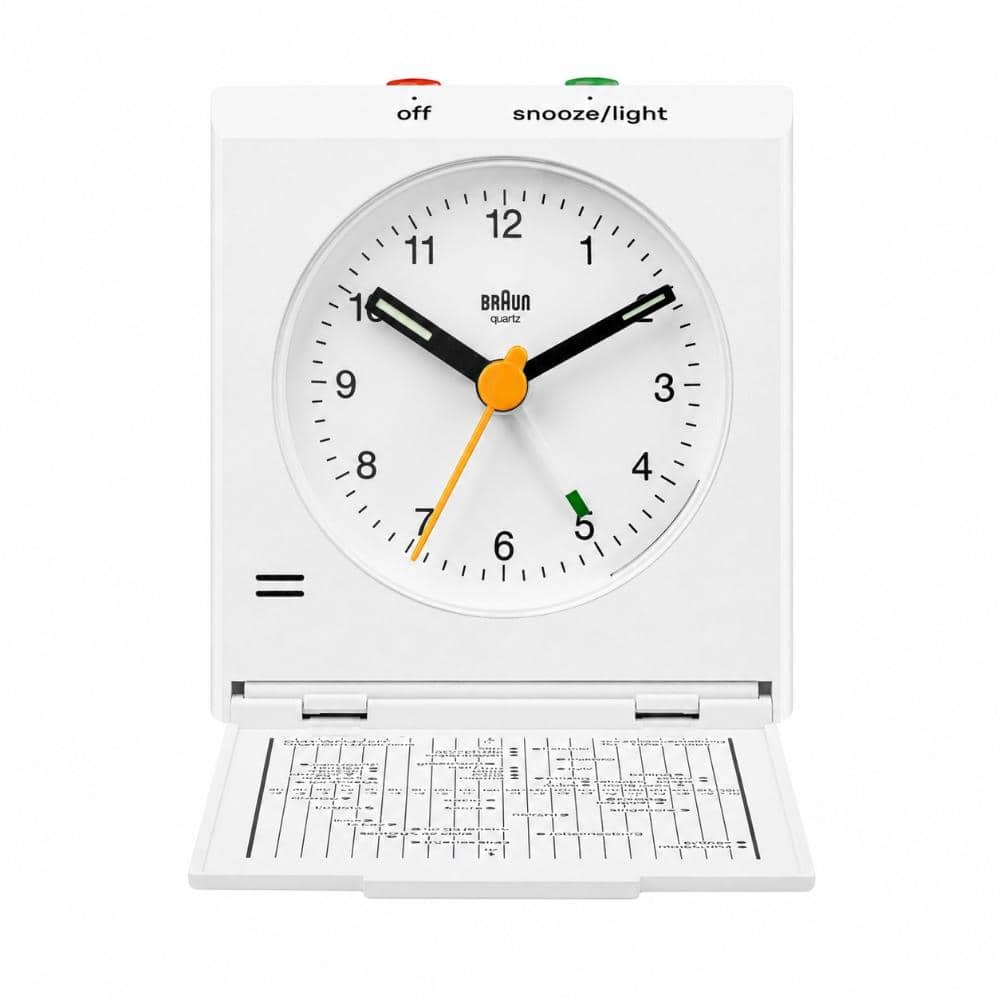 Classic Analogue Travel Alarm Clock, White, Quiet Quartz, Crescendo Beep, Snooze