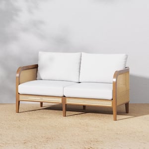 Twila Bohemian Solid Acacia Wood Frame Upholstered Outdoor Loveseat with Linen White Cushion