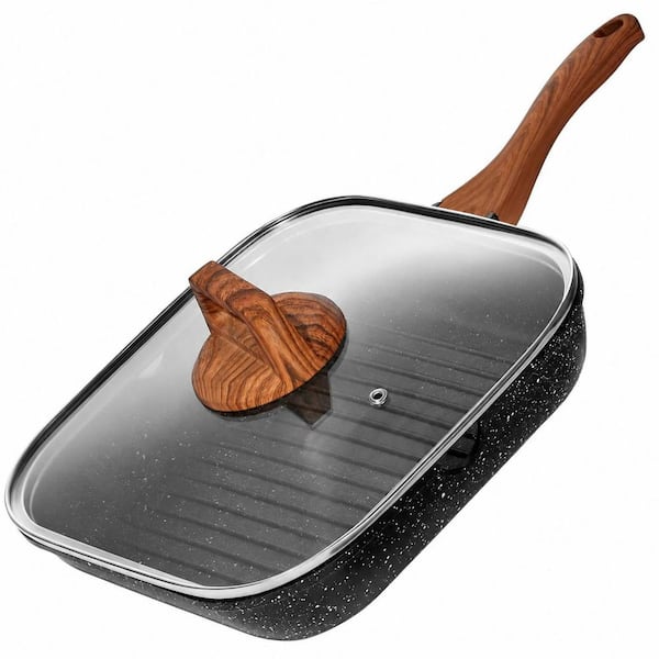 9.5 in. Aluminum Nonstick Grill Pan Granite Coating Easy Clean Induction Compatible Grill Pan Black
